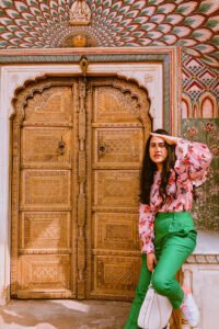 green pant, fall outfit idea, floral top